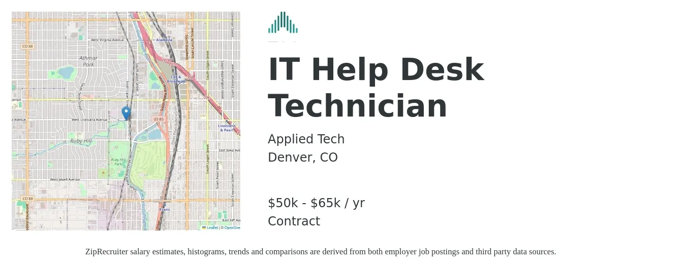Applied Tech job posting for a IT Help Desk Technician in Denver, CO with a salary of $50,000 to $65,000 Yearly with a map of Denver location.