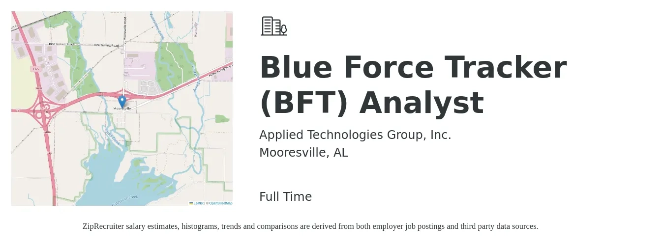 Applied Technologies Group, Inc. job posting for a Blue Force Tracker (BFT) Analyst in Mooresville, AL with a salary of $48,900 to $73,000 Yearly with a map of Mooresville location.