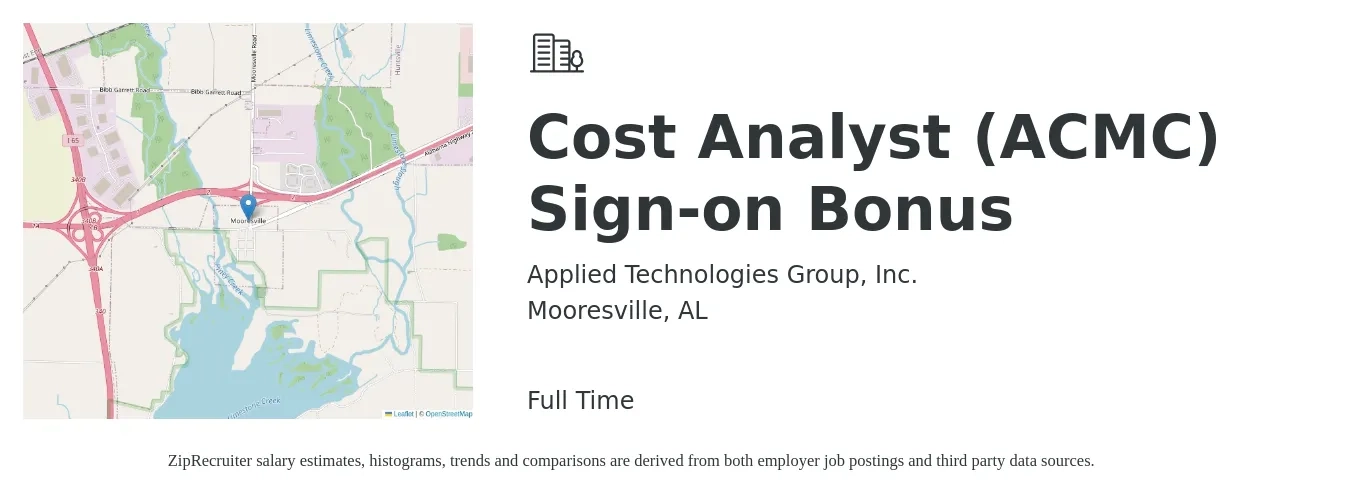 Applied Technologies Group, Inc. job posting for a Cost Analyst (ACMC) Sign-on Bonus in Mooresville, AL with a salary of $63,000 to $91,100 Yearly with a map of Mooresville location.