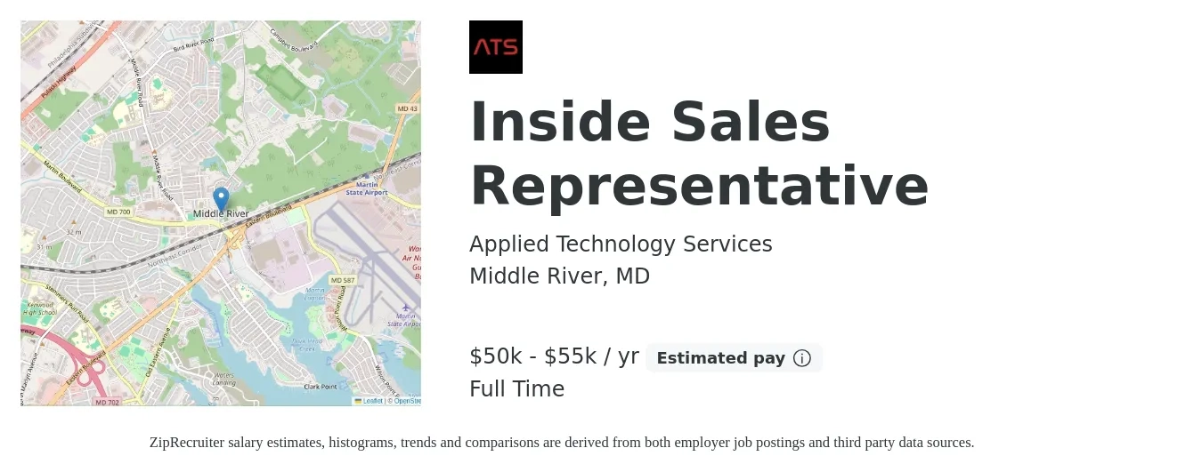 Applied Technology Services job posting for a Inside Sales Representative in Middle River, MD with a salary of $50,000 to $55,000 Yearly with a map of Middle River location.