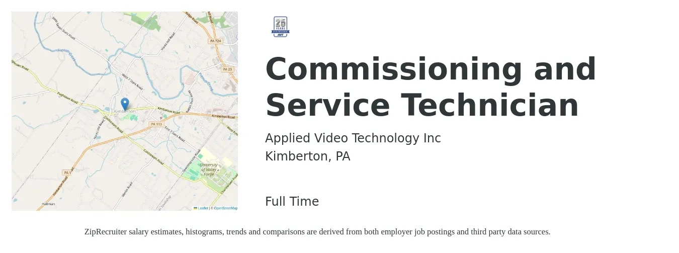 Applied Video Technology Inc job posting for a Commissioning and Service Technician in Kimberton, PA with a salary of $19 to $28 Hourly with a map of Kimberton location.