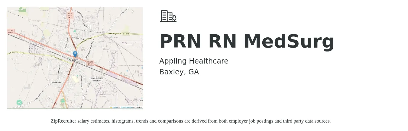 Appling Healthcare job posting for a PRN RN MedSurg in Baxley, GA with a salary of $1,590 to $2,250 Weekly with a map of Baxley location.
