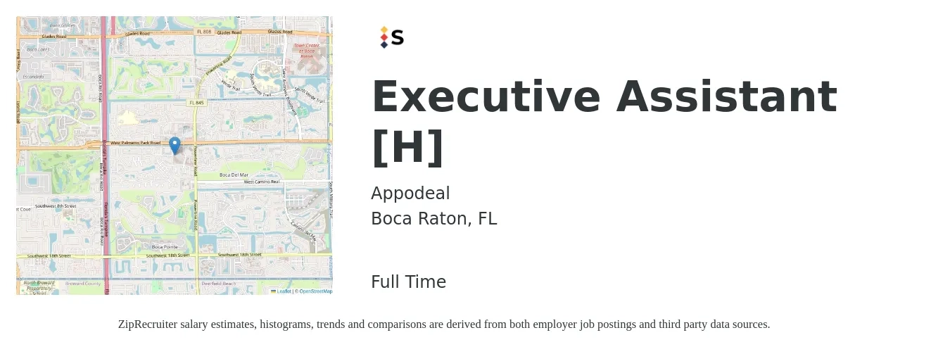 Appodeal job posting for a Executive Assistant [H] in Boca Raton, FL with a salary of $47,400 to $71,200 Yearly with a map of Boca Raton location.