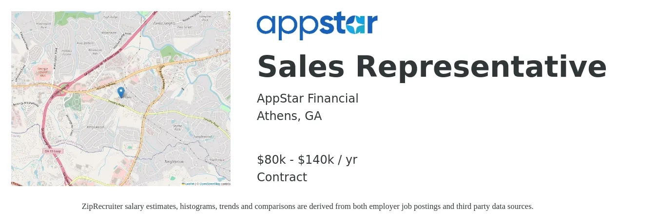 AppStar Financial job posting for a Sales Representative in Athens, GA with a salary of $80,000 to $140,000 Yearly with a map of Athens location.