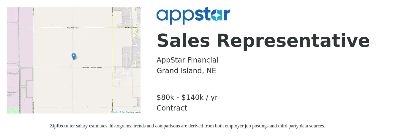 AppStar Financial job posting for a Sales Representative in Grand Island, NE with a salary of $80,000 to $140,000 Yearly with a map of Grand Island location.