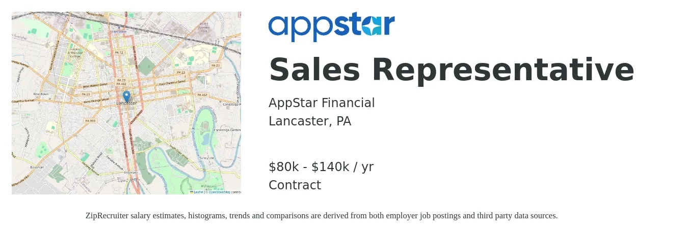 AppStar Financial job posting for a Sales Representative in Lancaster, PA with a salary of $80,000 to $140,000 Yearly with a map of Lancaster location.