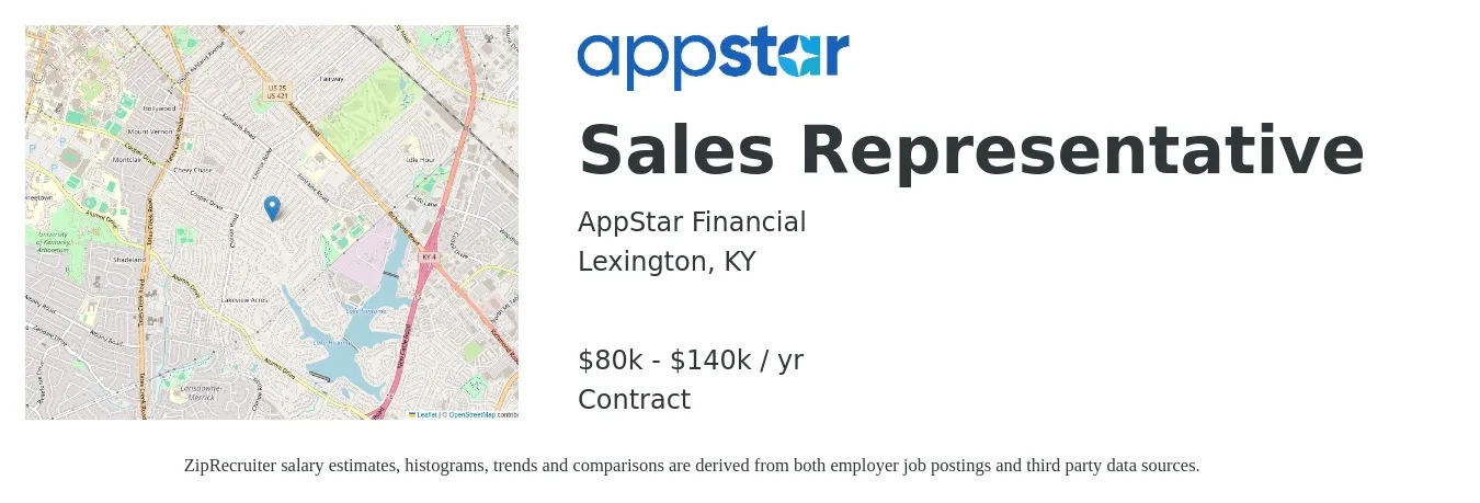AppStar Financial job posting for a Sales Representative in Lexington, KY with a salary of $80,000 to $140,000 Yearly with a map of Lexington location.