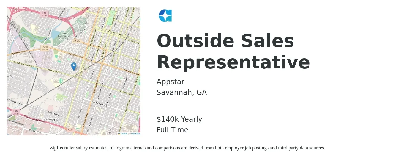 Appstar job posting for a Outside Sales Representative in Savannah, GA with a salary of $140,000 Yearly with a map of Savannah location.