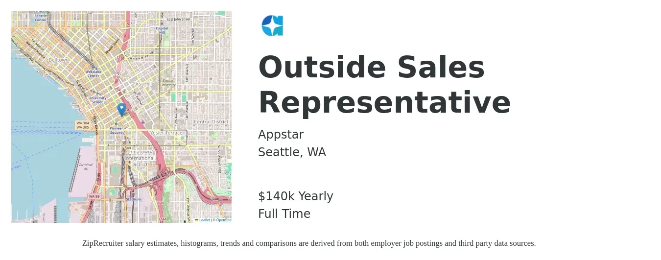 Appstar job posting for a Outside Sales Representative in Seattle, WA with a salary of $140,000 Yearly with a map of Seattle location.