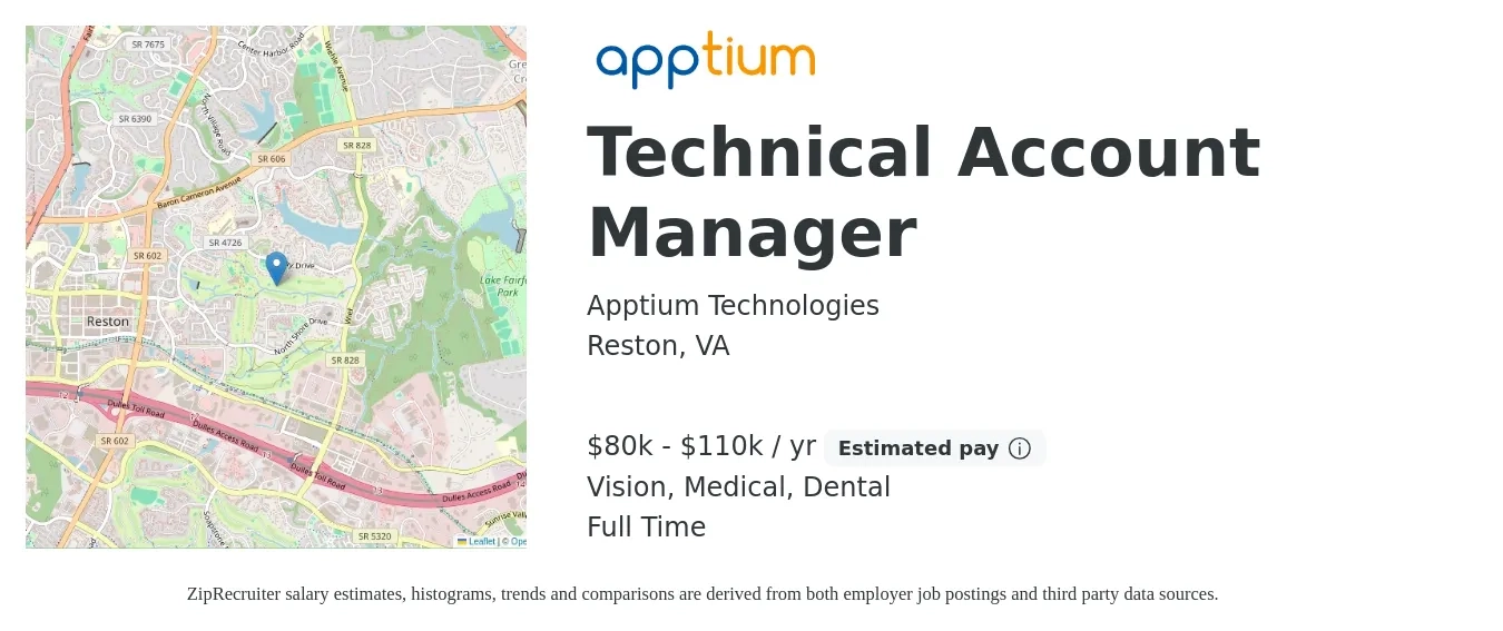 Apptium Technologies job posting for a Technical Account Manager in Reston, VA with a salary of $80,000 to $110,000 Yearly (plus commission) and benefits including vision, dental, medical, and retirement with a map of Reston location.