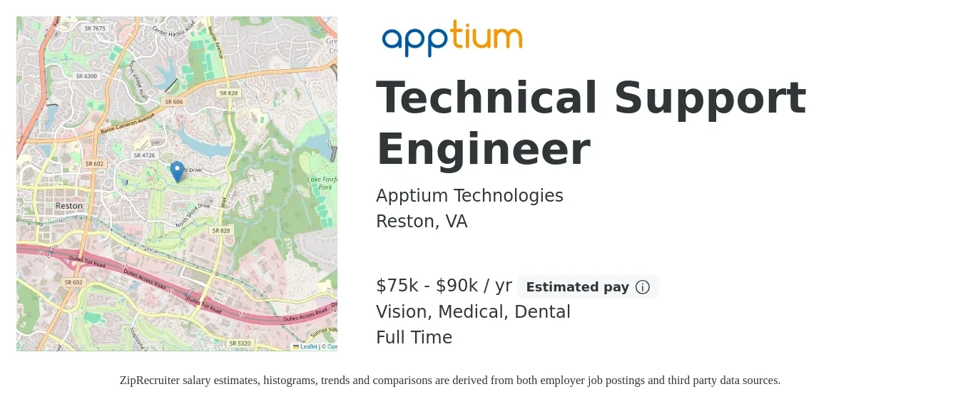 Apptium Technologies job posting for a Technical Support Engineer in Reston, VA with a salary of $75,000 to $90,000 Yearly and benefits including retirement, vision, dental, medical, and pto with a map of Reston location.