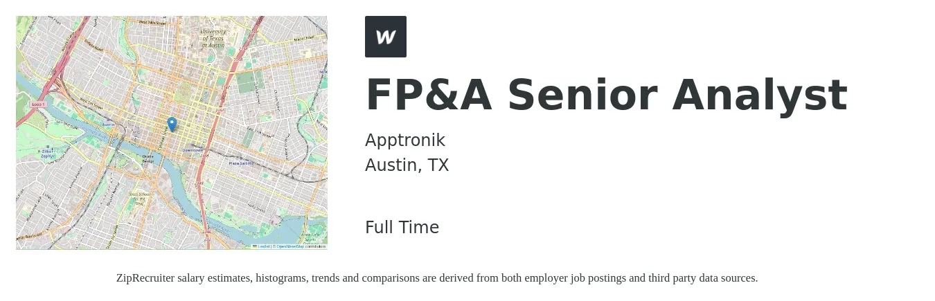 Apptronik job posting for a FP&A Senior Analyst in Austin, TX with a salary of $84,700 to $105,600 Yearly with a map of Austin location.