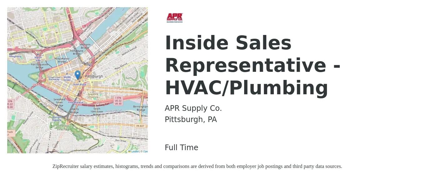 APR Supply Co. job posting for a Inside Sales Representative - HVAC/Plumbing in Pittsburgh, PA with a salary of $38,300 to $57,300 Yearly with a map of Pittsburgh location.