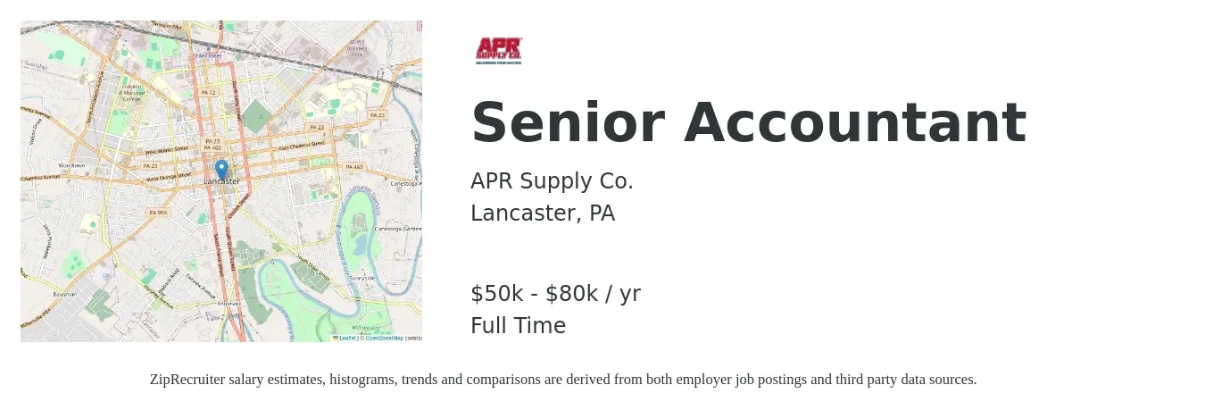 APR Supply Co. job posting for a Senior Accountant in Lancaster, PA with a salary of $50,000 to $80,000 Yearly with a map of Lancaster location.