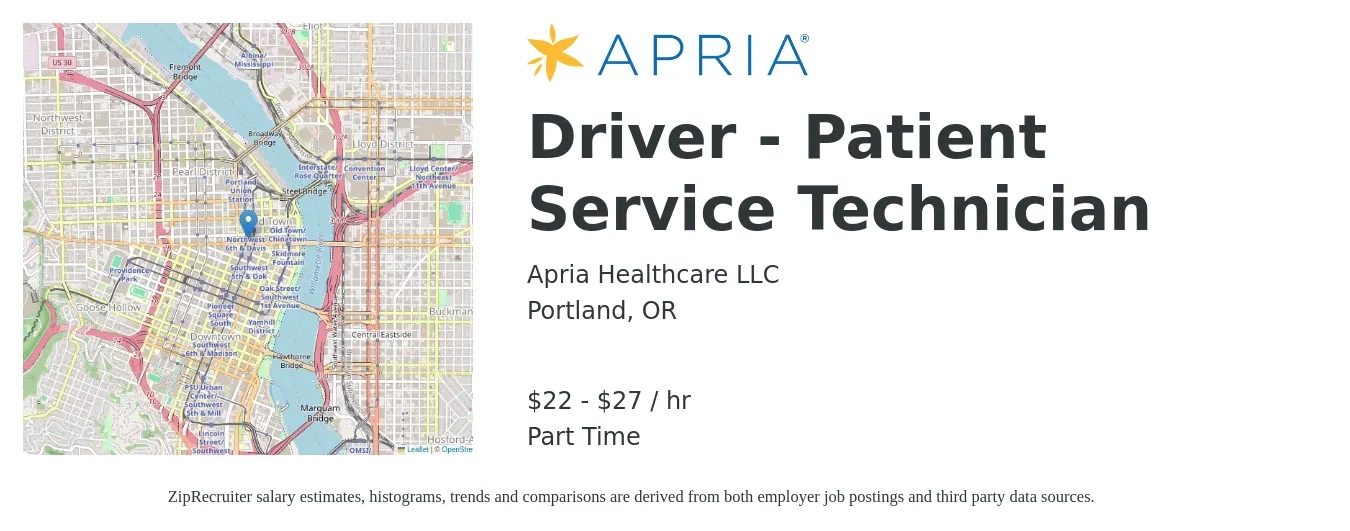 Apria Healthcare LLC job posting for a Driver - Patient Service Technician in Portland, OR with a salary of $23 to $29 Hourly with a map of Portland location.