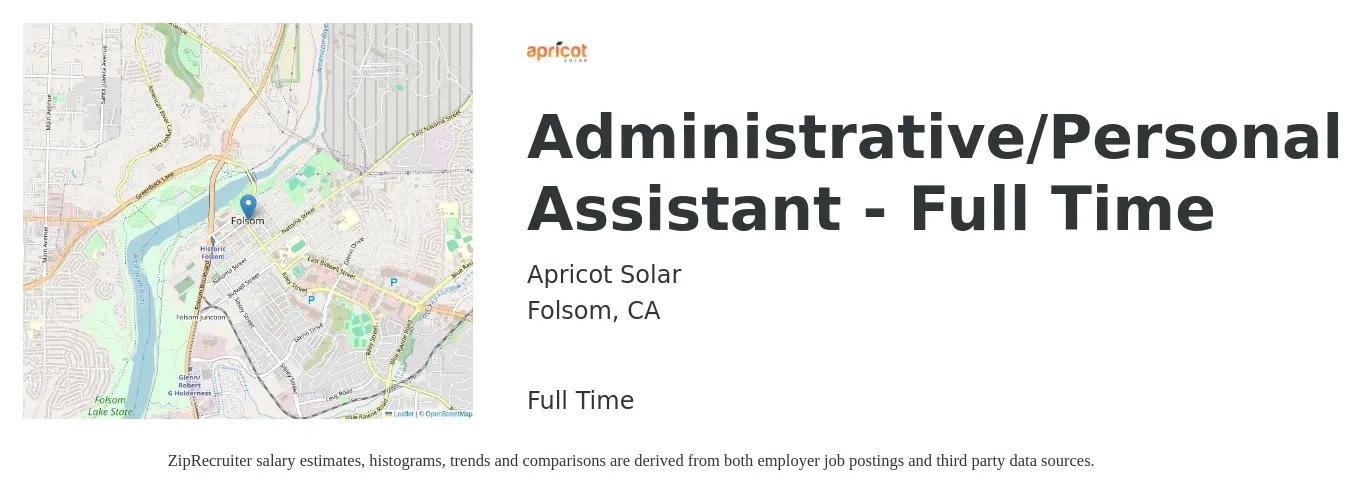 Apricot Solar job posting for a Administrative/Personal Assistant - Full Time in Folsom, CA with a salary of $19 to $26 Hourly with a map of Folsom location.