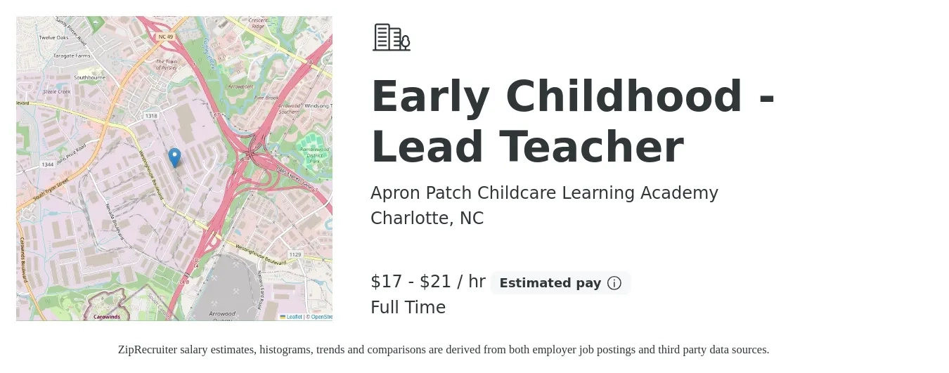 Apron Patch Childcare Learning Academy job posting for a Early Childhood - Lead Teacher in Charlotte, NC with a salary of $18 to $22 Hourly with a map of Charlotte location.