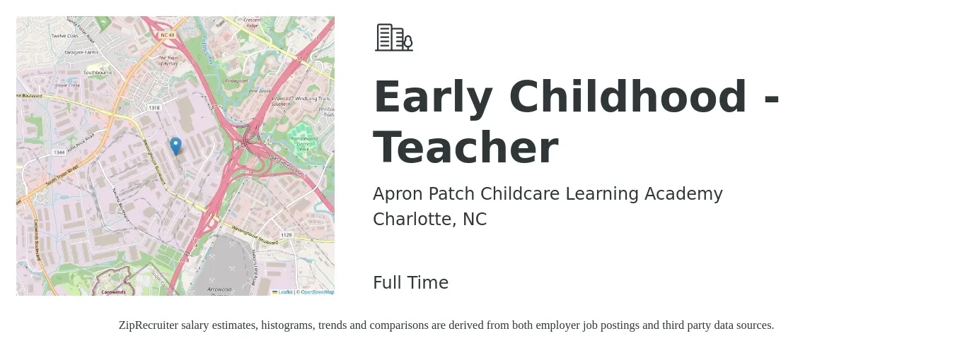 Apron Patch Childcare Learning Academy job posting for a Early Childhood - Teacher in Charlotte, NC with a salary of $14 to $18 Hourly with a map of Charlotte location.