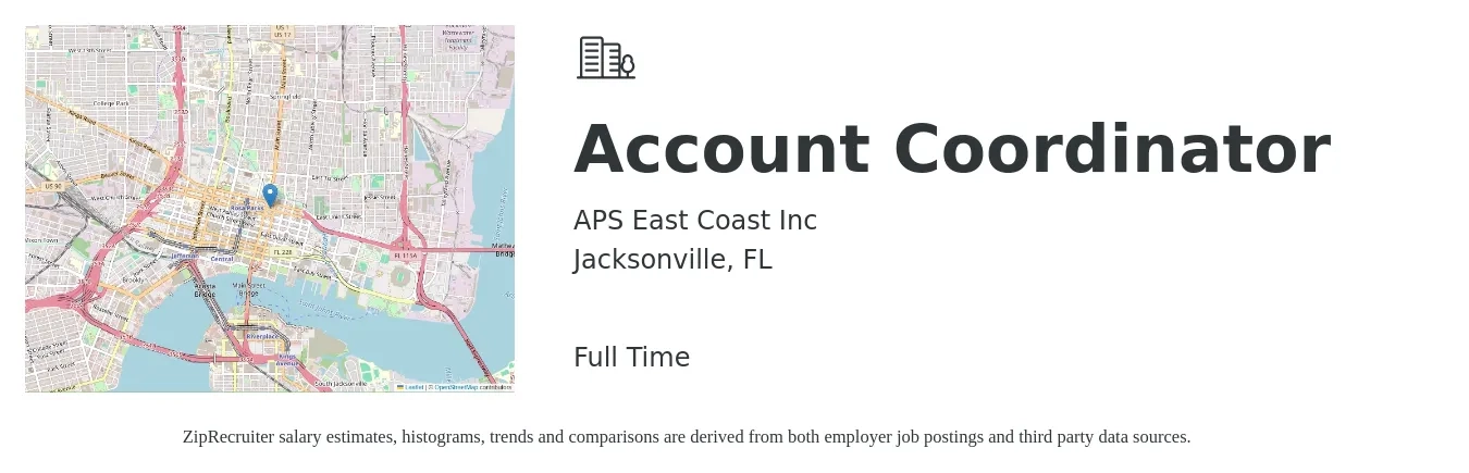 APS East Coast Inc job posting for a Account Coordinator in Jacksonville, FL with a salary of $20 to $26 Hourly with a map of Jacksonville location.