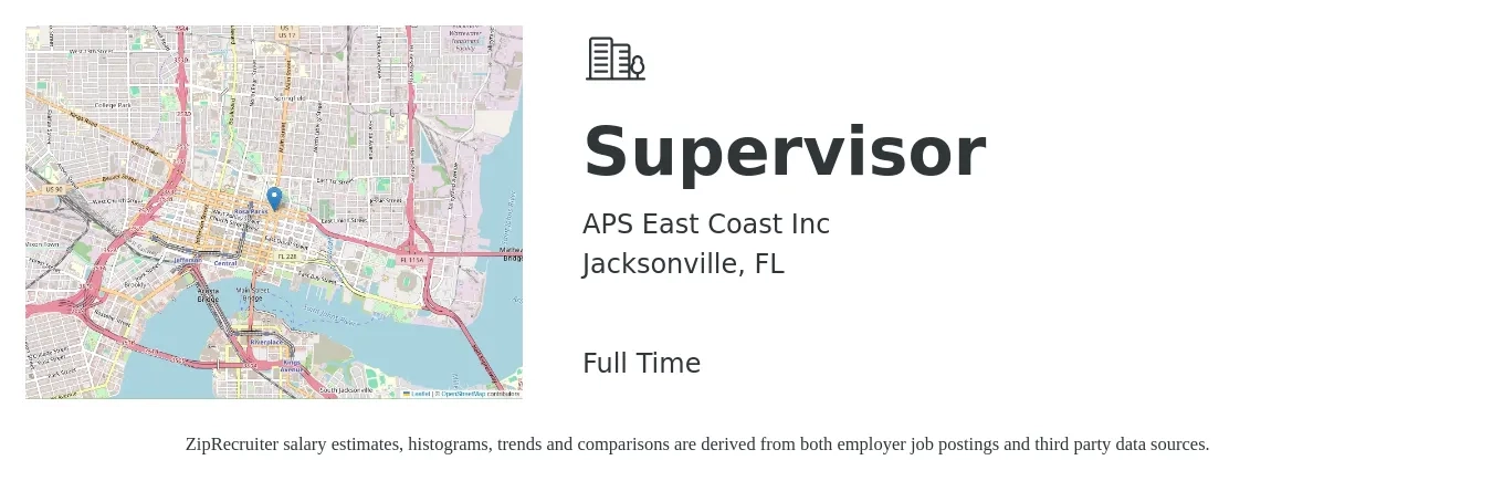 APS East Coast Inc job posting for a Supervisor in Jacksonville, FL with a salary of $22 to $38 Hourly with a map of Jacksonville location.