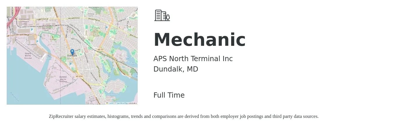APS North Terminal Inc job posting for a Mechanic in Dundalk, MD with a salary of $19 to $28 Hourly with a map of Dundalk location.