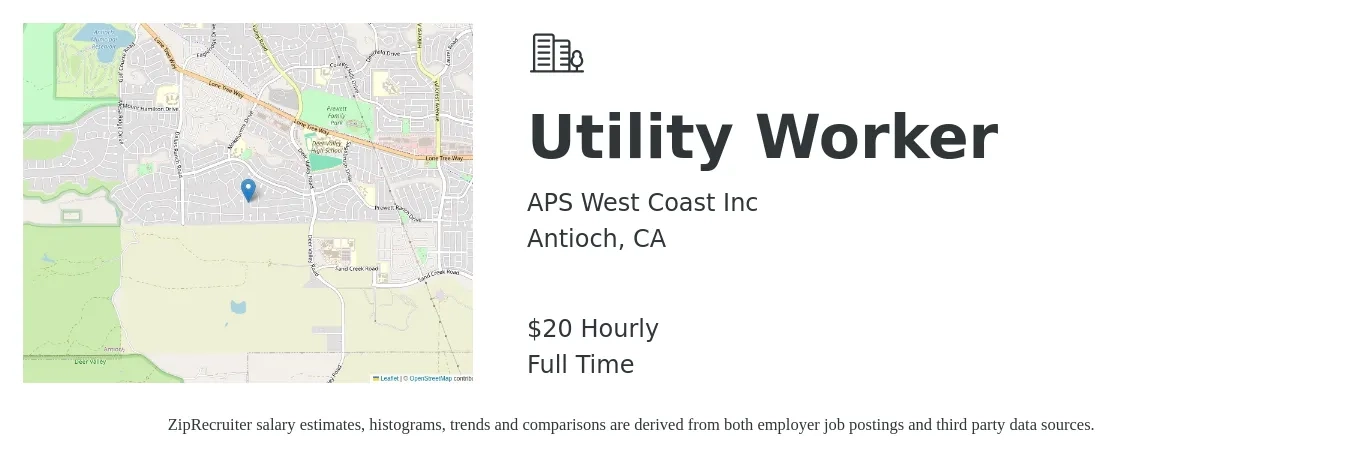 APS West Coast Inc job posting for a Utility Worker in Antioch, CA with a salary of $21 Hourly with a map of Antioch location.