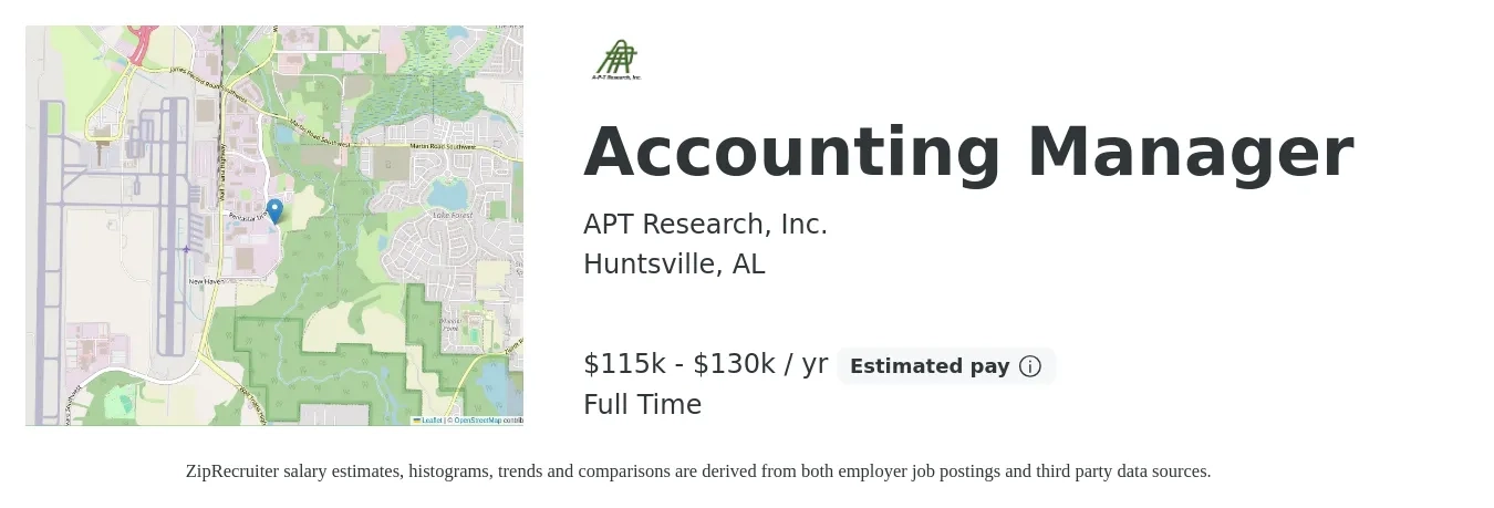APT Research, Inc. job posting for a Accounting Manager in Huntsville, AL with a salary of $78,400 to $112,600 Yearly with a map of Huntsville location.