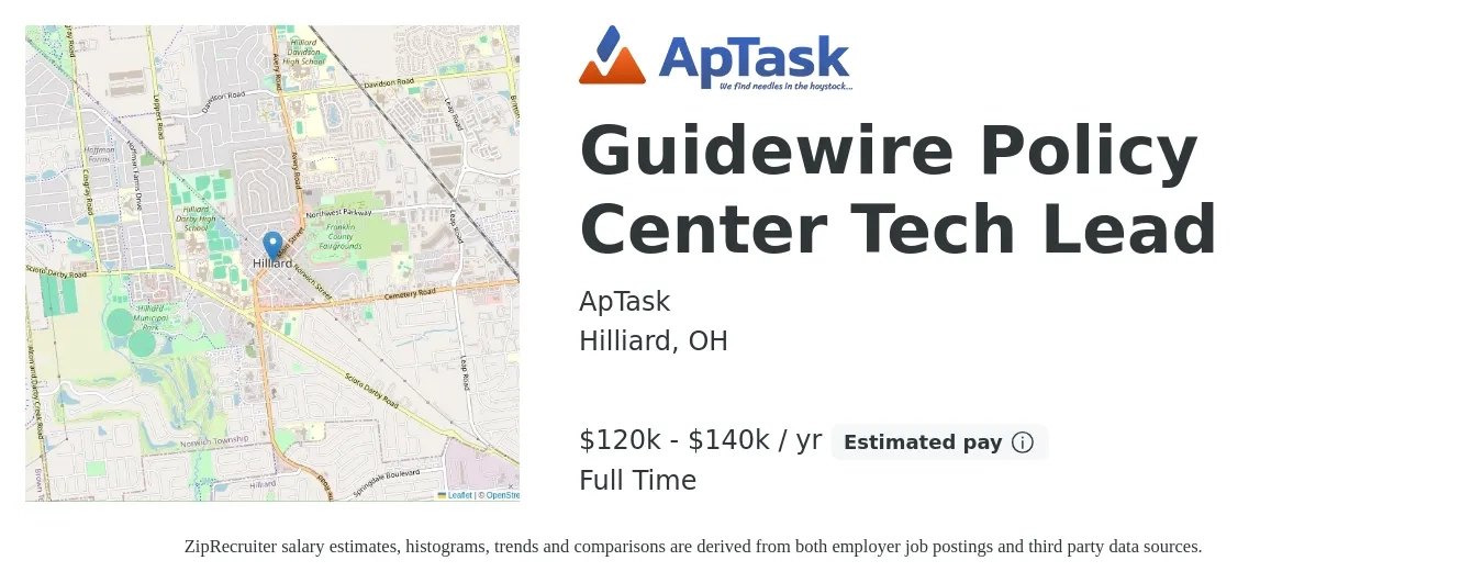 ApTask job posting for a Guidewire Policy Center Tech Lead in Hilliard, OH with a salary of $120,000 to $140,000 Yearly with a map of Hilliard location.