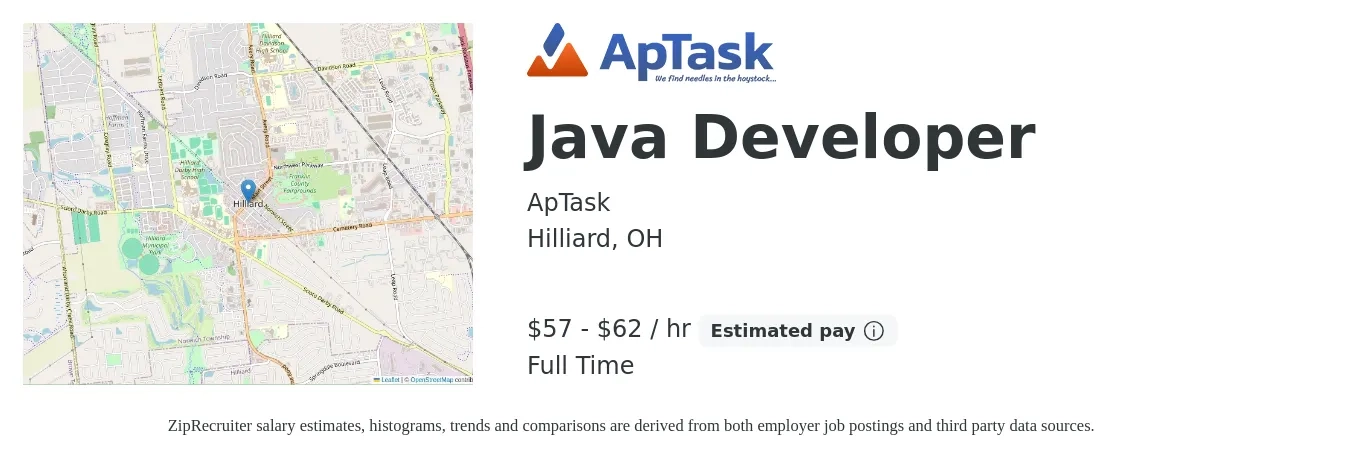ApTask job posting for a Java Developer in Hilliard, OH with a salary of $60 to $65 Hourly with a map of Hilliard location.