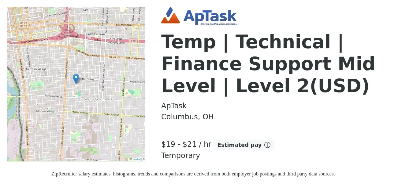 ApTask job posting for a Temp | Technical | Finance Support Mid Level | Level 2(USD) in Columbus, OH with a salary of $20 to $22 Hourly with a map of Columbus location.