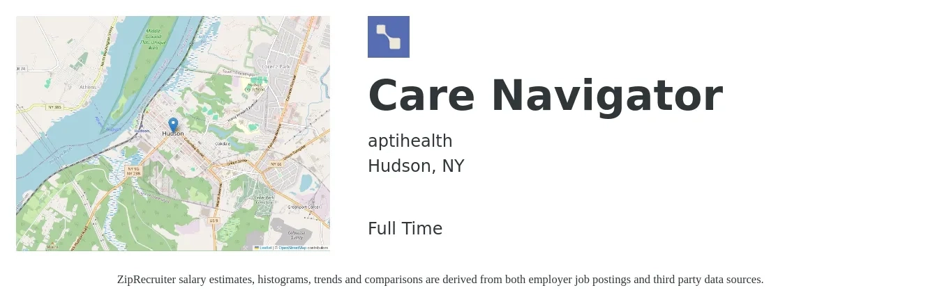 aptihealth job posting for a Care Navigator in Hudson, NY with a salary of $60,000 to $75,000 Yearly with a map of Hudson location.