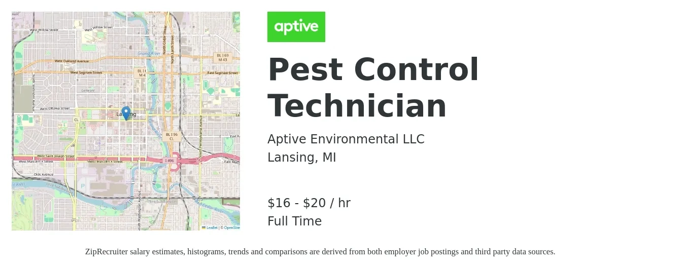 Aptive Environmental job posting for a Pest Control Technician in Lansing, MI with a salary of $17 to $21 Hourly with a map of Lansing location.