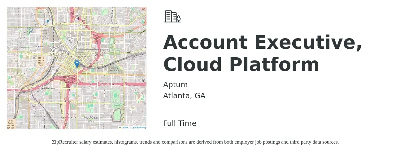 Aptum job posting for a Account Executive, Cloud Platform in Atlanta, GA with a salary of $51,900 to $91,400 Yearly with a map of Atlanta location.