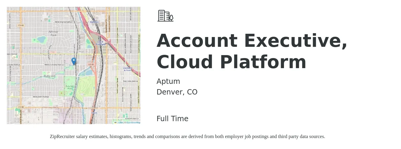 Aptum job posting for a Account Executive, Cloud Platform in Denver, CO with a salary of $55,600 to $97,800 Yearly with a map of Denver location.