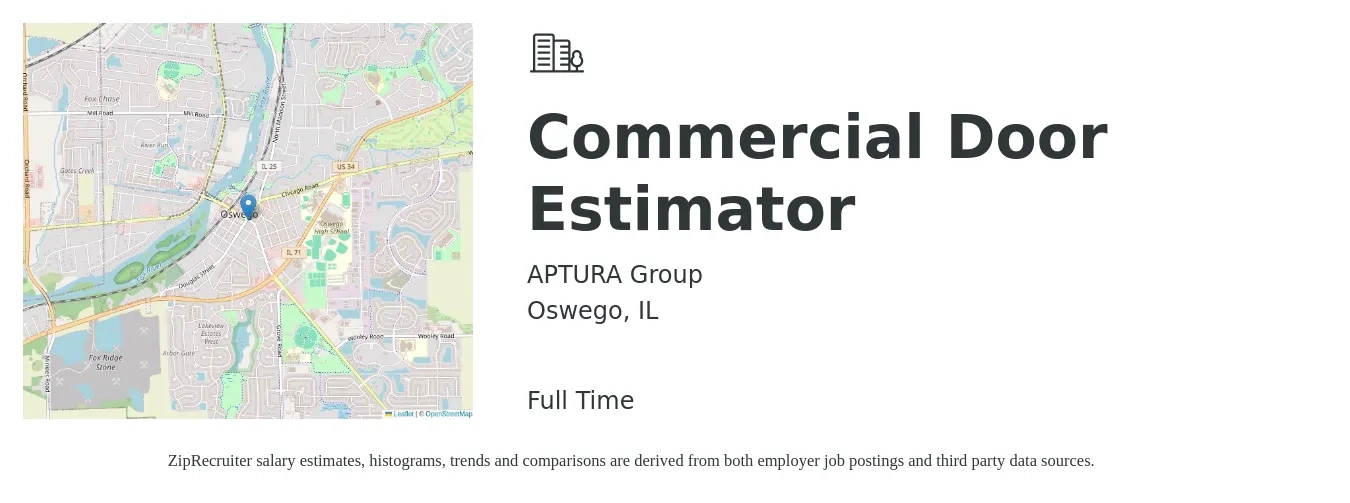 APTURA Group job posting for a Commercial Door Estimator in Oswego, IL with a salary of $65,200 to $88,000 Yearly with a map of Oswego location.