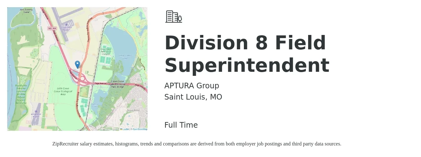 APTURA Group job posting for a Division 8 Field Superintendent in Saint Louis, MO with a salary of $56,900 to $89,600 Yearly with a map of Saint Louis location.