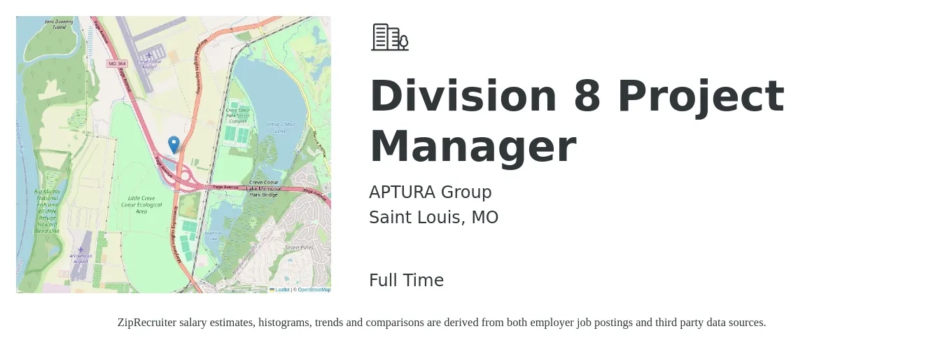 APTURA Group job posting for a Division 8 Project Manager in Saint Louis, MO with a salary of $74,400 to $116,600 Yearly with a map of Saint Louis location.