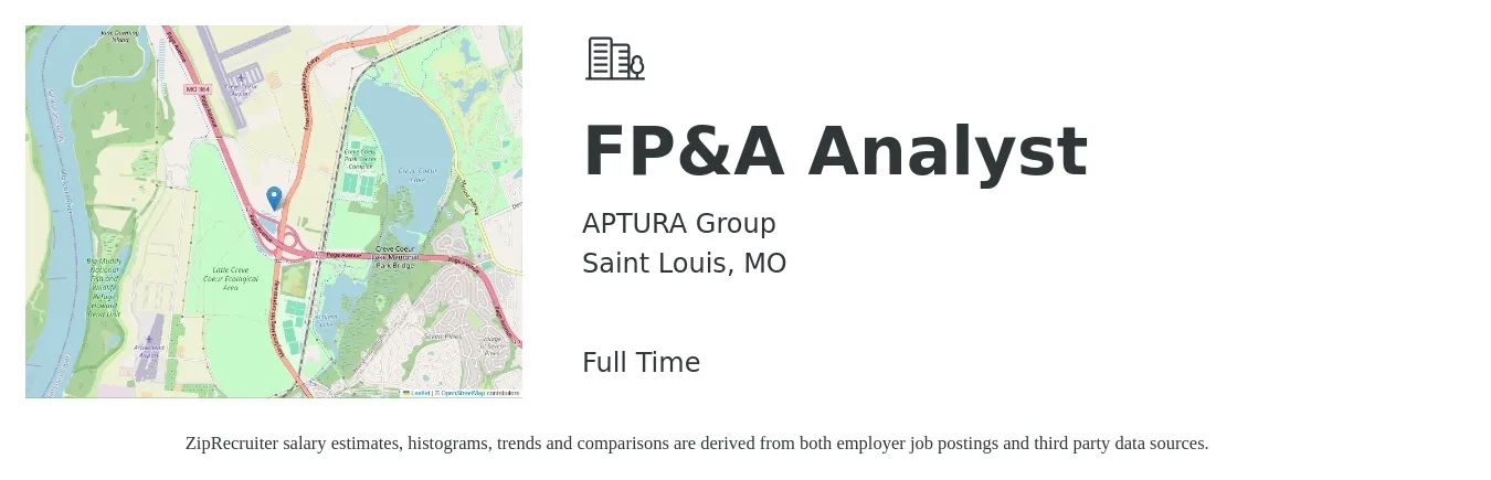 APTURA Group job posting for a FP&A Analyst in Saint Louis, MO with a salary of $66,400 to $104,700 Yearly with a map of Saint Louis location.