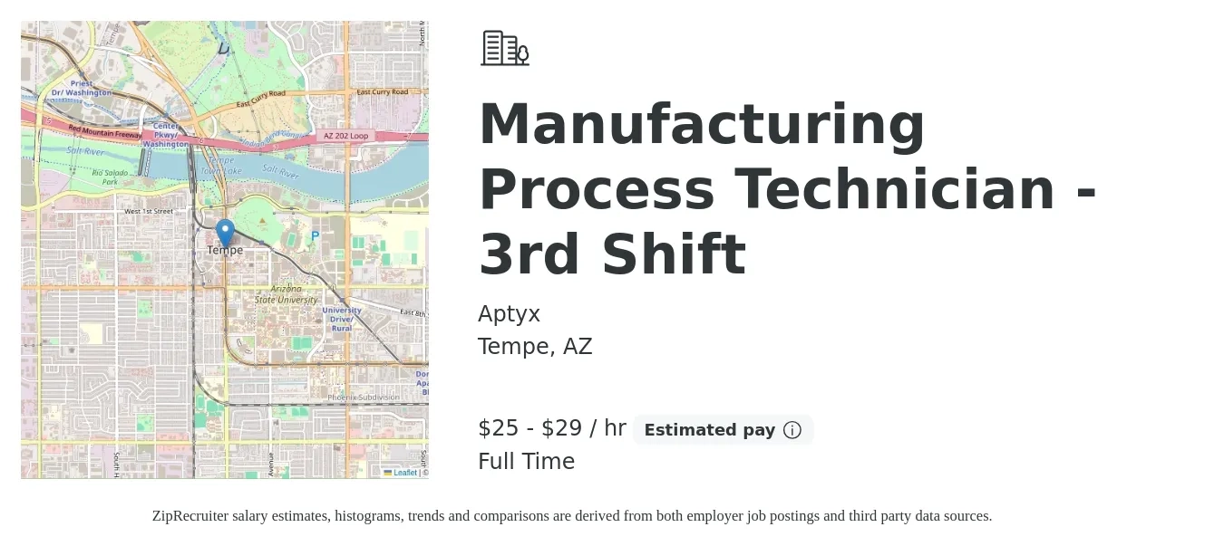 Aptyx job posting for a Manufacturing Process Technician - 3rd Shift in Tempe, AZ with a salary of $27 to $31 Hourly with a map of Tempe location.