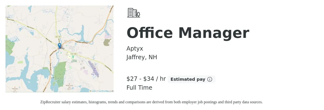 Aptyx job posting for a Office Manager in Jaffrey, NH with a salary of $60,000 to $75,000 Yearly with a map of Jaffrey location.