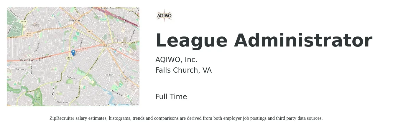 AQIWO, Inc. job posting for a League Administrator in Falls Church, VA with a salary of $48,000 to $85,900 Yearly with a map of Falls Church location.