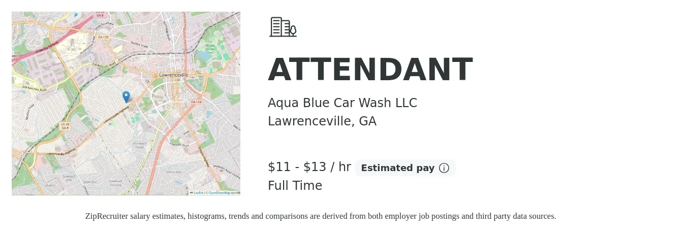 Aqua Blue Car Wash LLC job posting for a ATTENDANT in Lawrenceville, GA with a salary of $12 to $14 Hourly with a map of Lawrenceville location.