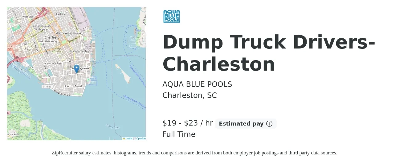 AQUA BLUE POOLS job posting for a Dump Truck Drivers-Charleston in Charleston, SC with a salary of $20 to $24 Hourly with a map of Charleston location.