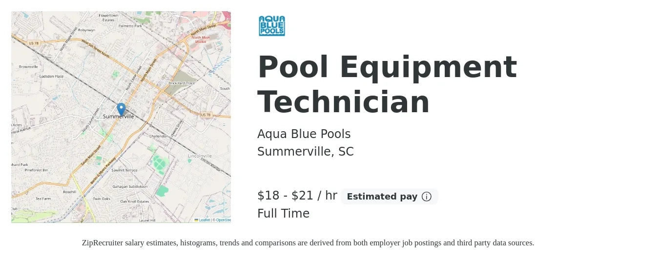 Aqua Blue Pools job posting for a Pool Equipment Technician in Summerville, SC with a salary of $19 to $22 Hourly with a map of Summerville location.