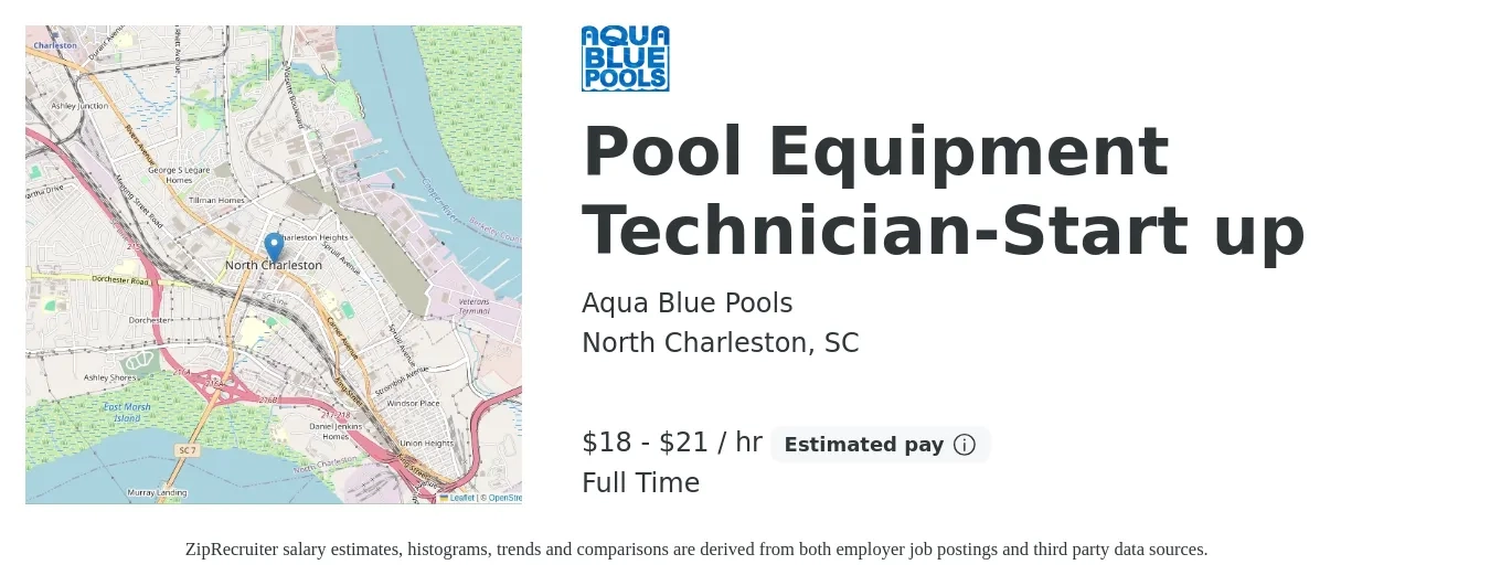 Aqua Blue Pools job posting for a Pool Equipment Technician-Start up in North Charleston, SC with a salary of $19 to $22 Hourly with a map of North Charleston location.