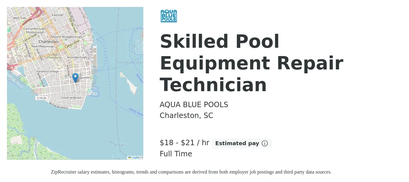 AQUA BLUE POOLS job posting for a Skilled Pool Equipment Repair Technician in Charleston, SC with a salary of $19 to $22 Hourly with a map of Charleston location.