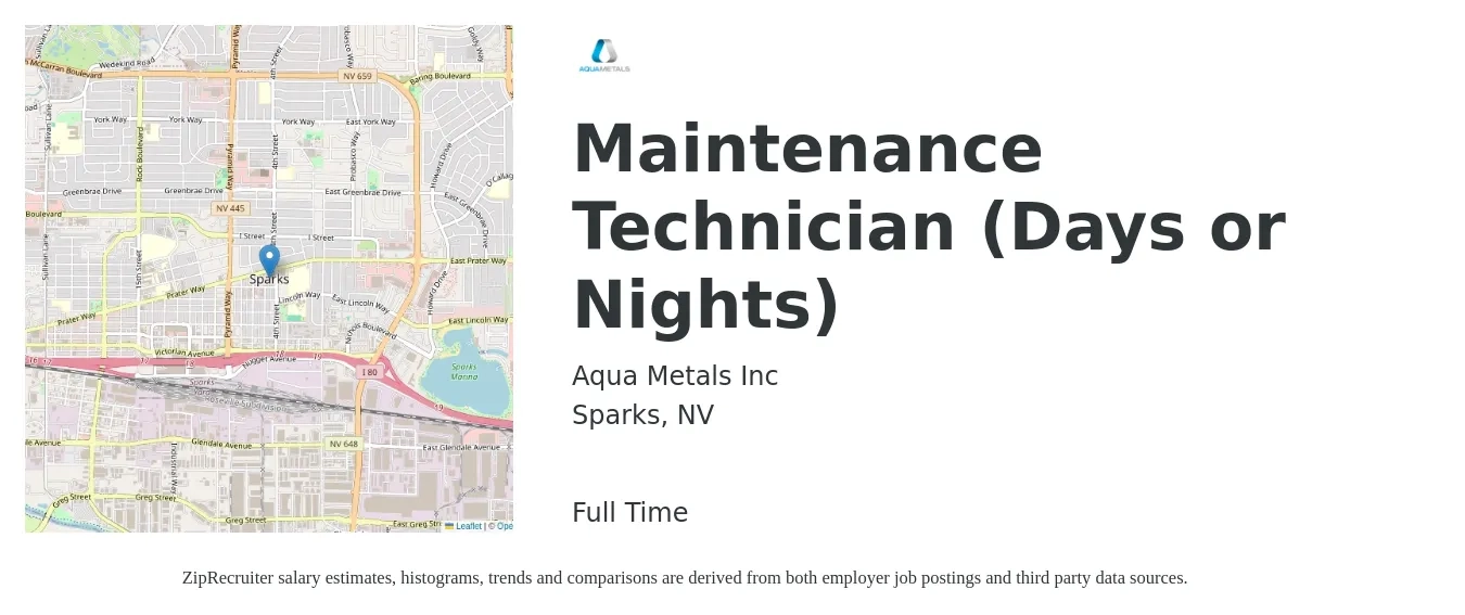 Aqua Metals Inc job posting for a Maintenance Technician (Days or Nights) in Sparks, NV with a salary of $19 to $27 Hourly with a map of Sparks location.