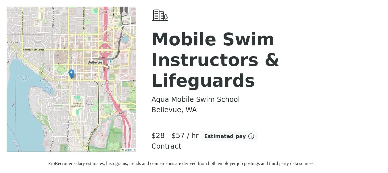 Aqua Mobile Swim School job posting for a Mobile Swim Instructors & Lifeguards in Bellevue, WA with a salary of $30 to $60 Hourly with a map of Bellevue location.