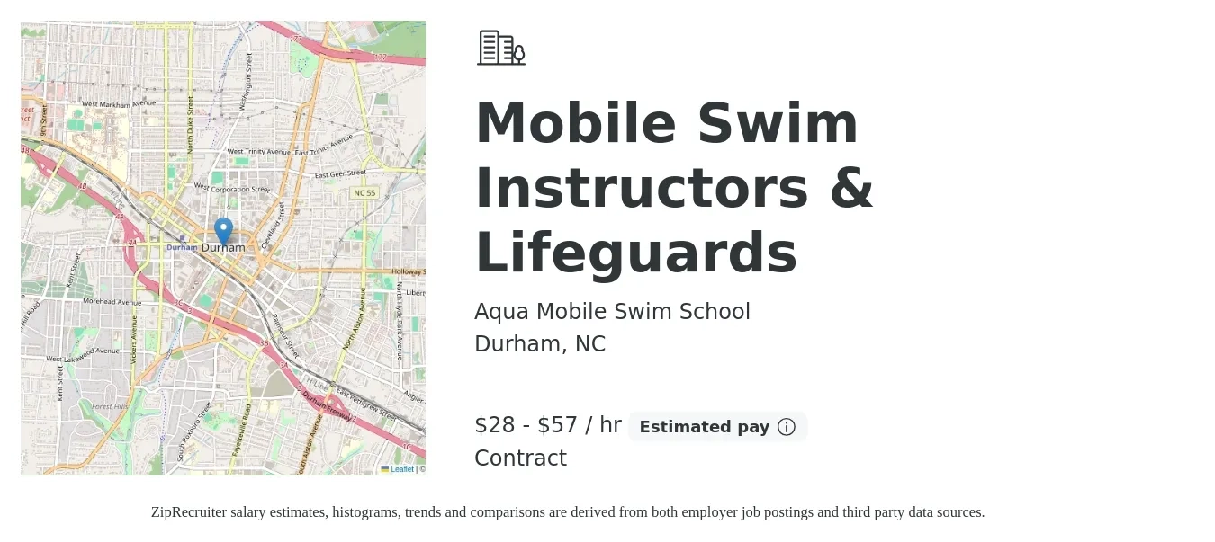 Aqua Mobile Swim School job posting for a Mobile Swim Instructors & Lifeguards in Durham, NC with a salary of $30 to $60 Hourly with a map of Durham location.