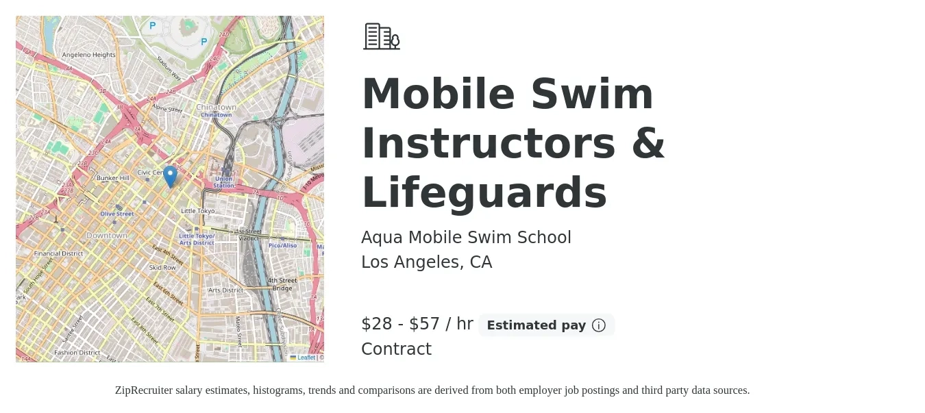 Aqua Mobile Swim School job posting for a Mobile Swim Instructors & Lifeguards in Los Angeles, CA with a salary of $30 to $60 Hourly with a map of Los Angeles location.